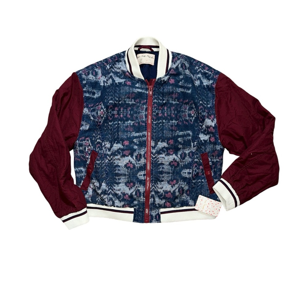 🌟HP🌟Free People Blue Patterned Bomber Jacket with Burgundy Sleeves - Picture 3 of 6